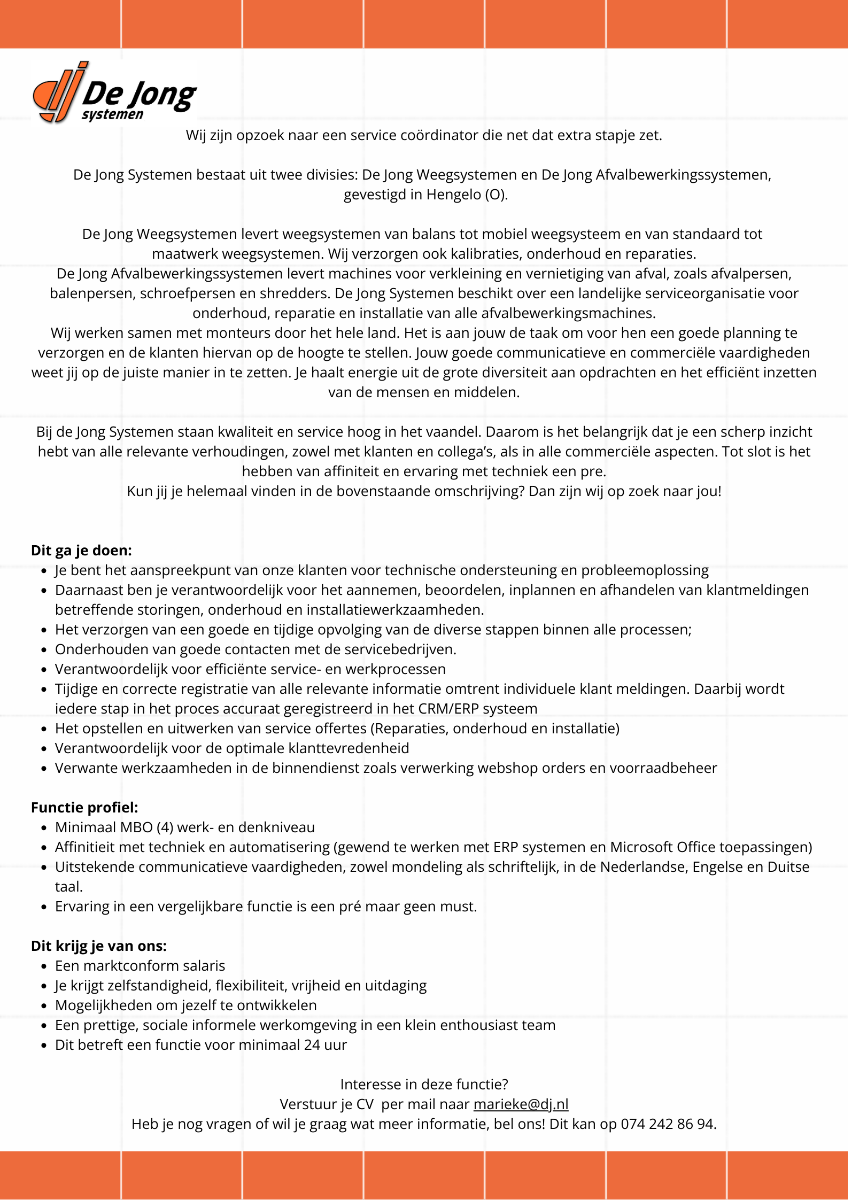 Vacature Service Co&ouml;rdinator